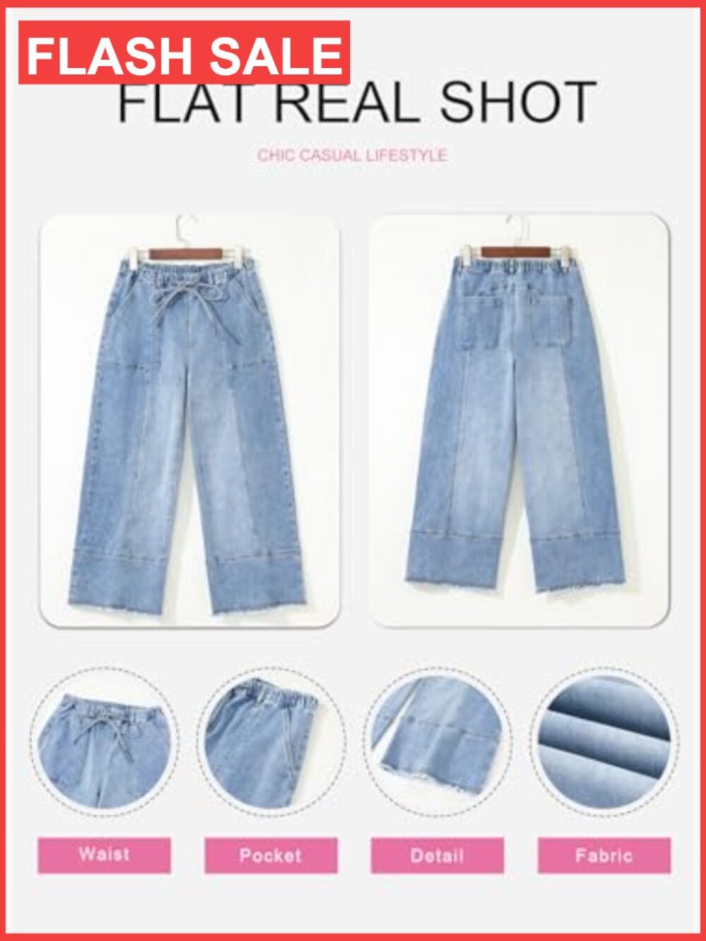 Wide Leg Baggy Jeans High Waisted Stretchy Drawstring Denim Pants - Picture 5 of 7